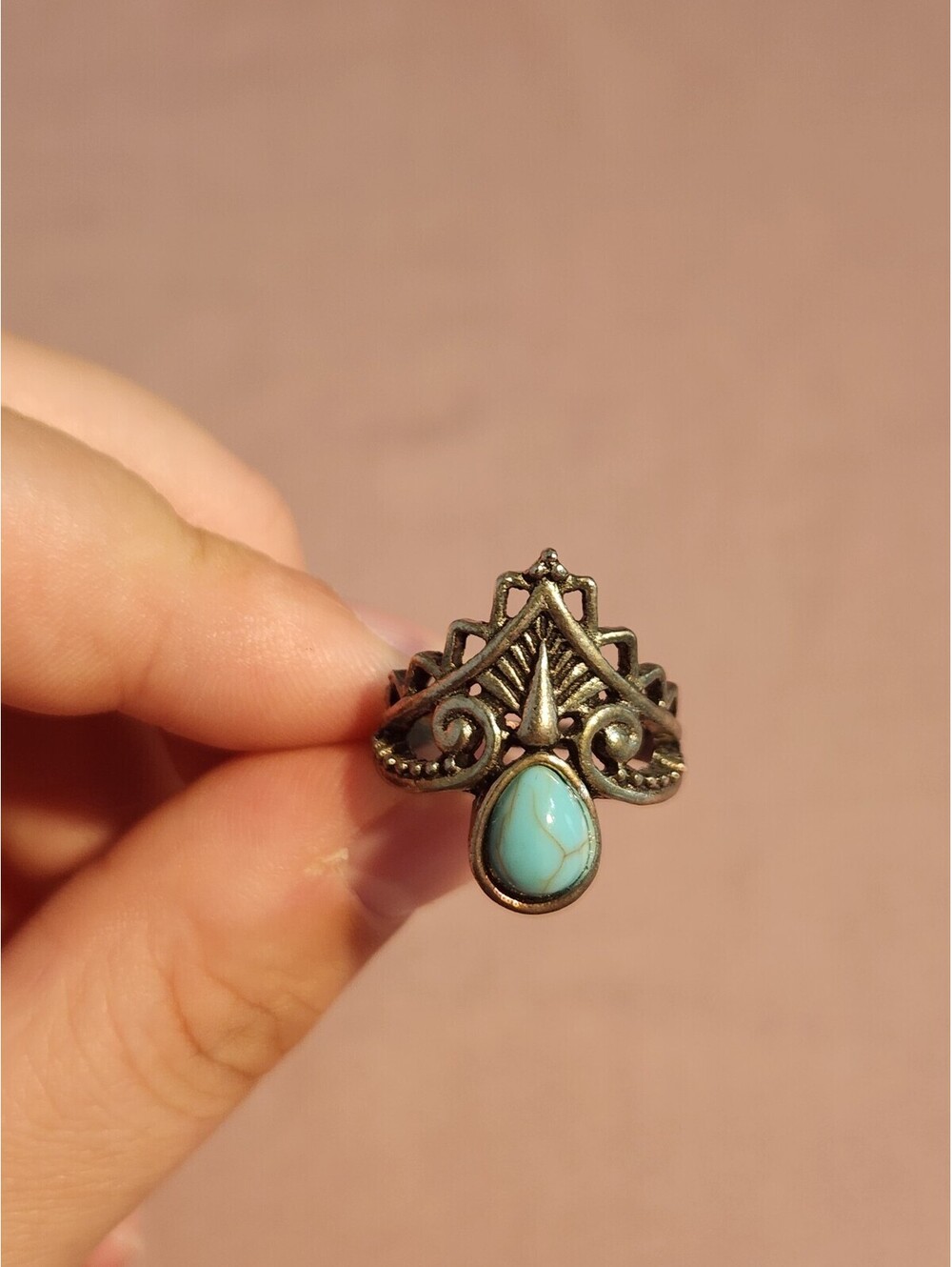 Vintage Style Silver Tone Ring with Turquoise Teardrop Stone
